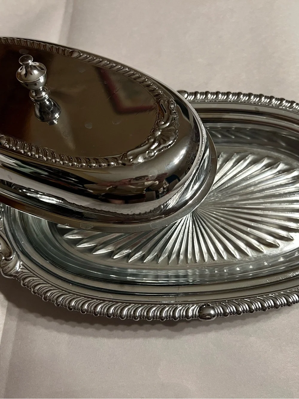 Silver Glass-Insert Butter Tray - Elegant Oval Butter Dish